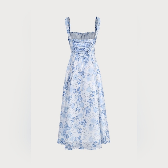 BNWT / RIHOAS/ Small / Medium/ blue square neck floral ruched midi dress - Picture 5 of 5